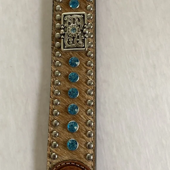 NOCONA Western Leather Belt with Silver Buckle, Rhinestones and calf hair Sz 38
